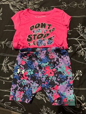 Under Armour Hot Pink Tee with Multicolor Camo Shorts